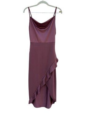 MRT 1030 Mauve Satin Cowl Neck Ruffle Asymmetric Slip Dress Size L (Fits Small)